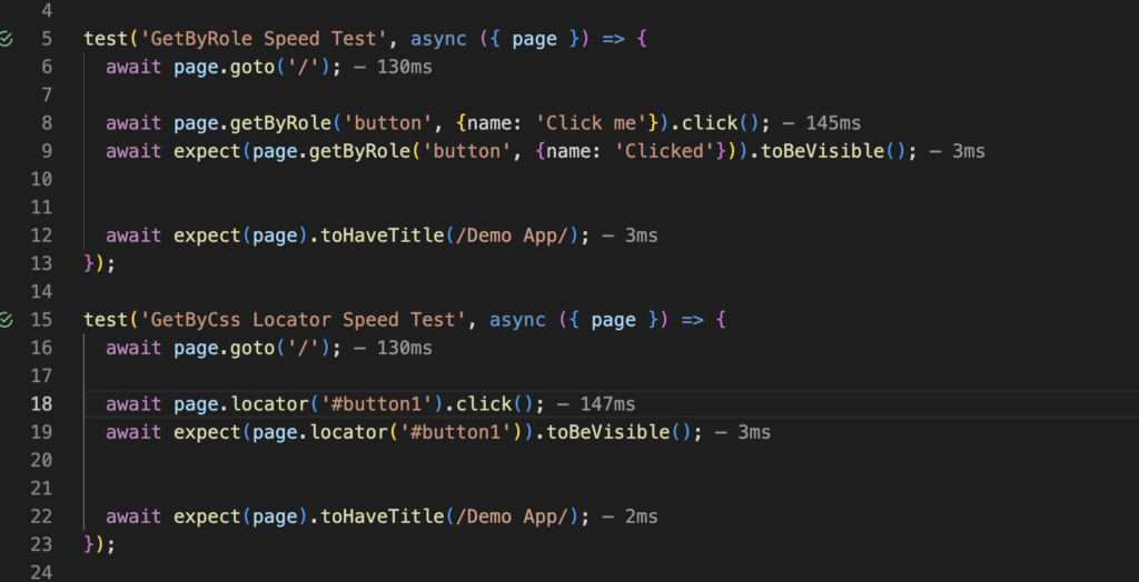 Screenshot showing execution speed for getByRole and css locator